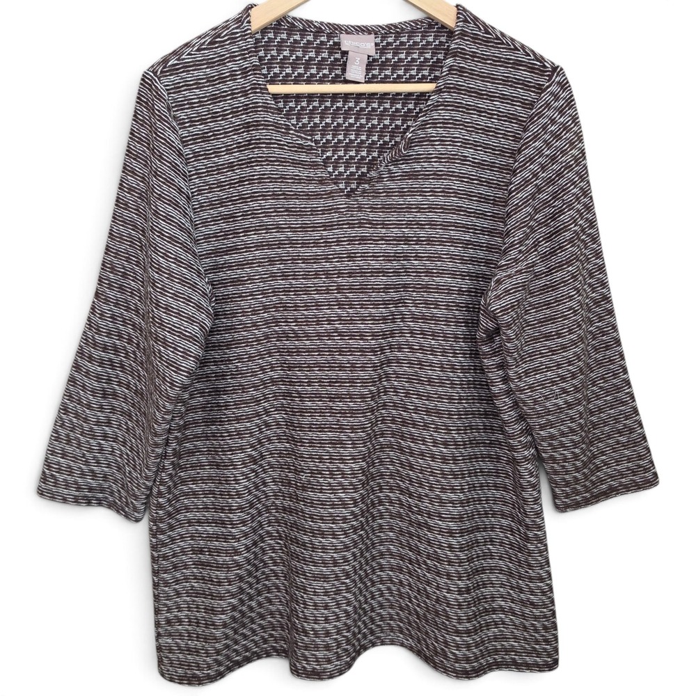 Chicos Top Womens 3 US XL Brown Knit V Neck 3/4 Sleeve Blouse‎ Casual Ladies